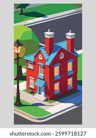 Isometric Red Brick House with Blue Roof in a Cozy Neighborhood