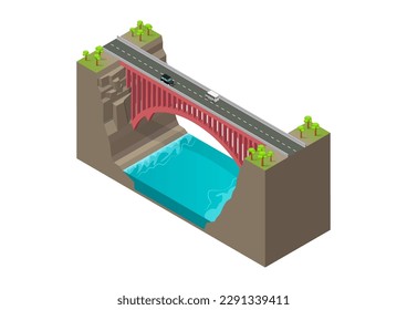Puente rojo isométrico sobre el río en las montañas