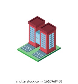 Isometric red building design, City architecture urban modern downtown contemporary metropolis exterior and construction theme Vector illustration