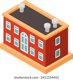 Isometric red building with multiple windows and a black roof. Architecture vector illustration. City building isometric design, urban structure.