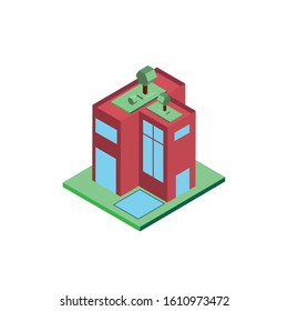 Isometric red building with trees design, City architecture urban modern downtown contemporary metropolis exterior and construction theme Vector illustration