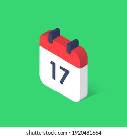 Isometric red calendar number 17 on a green background. Vector illustration. EPS 10