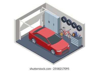 Isometric red car is parked in a tidy garage with a bicycle, spare wheels, and tools. The garage is organized for vehicle storage and technical maintenance