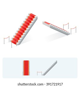 Isometric red carpet on stairs. Face, profile and top view. Vector illustration. 