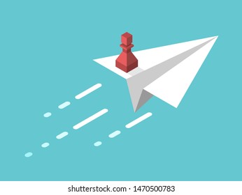 Isometric red chess pawn standing on white paper airplane flying. Leadership, start up, freedom and courage concept. Flat design. EPS 8 vector illustration, no transparency, no gradients