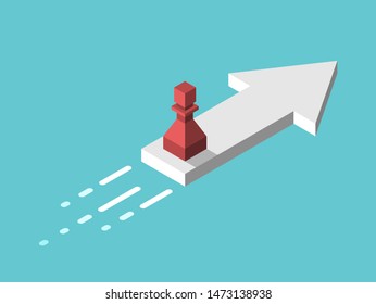 Isometric red chess pawn standing on white arrow flying on turquoise blue background. Growth, courage and success concept. Flat design. EPS 8 vector illustration, no transparency, no gradients