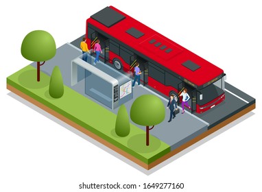 Isometric red City Bus at a bus stop. People get in and out of the bus. Public transport with driver and people.