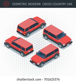 Isometric red croos country car. 3d vector transport icon. Highly detailed vector illustration