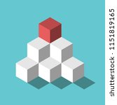 Isometric red cube on top of pyramid on turquoise blue. Management, recruitment, leadership, development and hierarchy concept. Flat design. Vector illustration, no transparency, no gradients