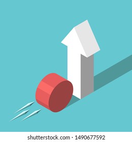 Isometric red cylinder rolling to vertical arrow on turquoise blue. Growth, risk, investment, economic crisis, emergency concept. Flat design. EPS 8 vector illustration, no transparency, no gradients