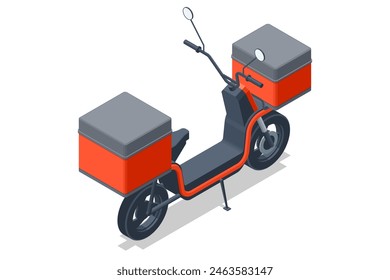 Motocicleta de reparto roja isométrica. Vespa de entrega de alimentos y bebidas. Motocicleta de estilo real con una bolsa vacía, ideal para los mensajeros de restaurantes y cafés con una caja roja.