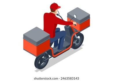 Isometric Red Delivery Motorcycle, Delivery man riding a red scooter . Food and beverage delivery scooter. Lifelike motorcycle featuring an bag, ideal for restaurant and cafe couriers.