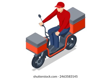 Isometric Red Delivery Motorcycle, Delivery man riding a red scooter . Food and beverage delivery scooter. Lifelike motorcycle featuring an bag, ideal for restaurant and cafe couriers.