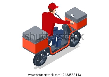 Isometric Red Delivery Motorcycle, Delivery man riding a red scooter . Food and beverage delivery scooter. Lifelike motorcycle featuring an bag, ideal for restaurant and cafe couriers.