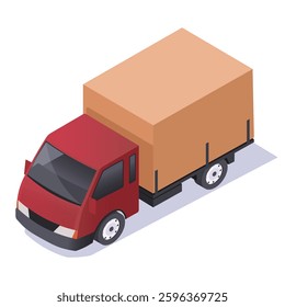 Isometric red delivery truck with cargo box on white background. Vector illustration