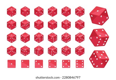 Isometric red dice cubes. Backgammon, casino gambling pieces, board games and poker dice 3d vector illustration set