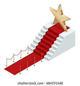 Isometric red event carpet isolated on a white background Red carpet event with white marble stairs and gold queue rope barriers posts stands realistic vector illustration