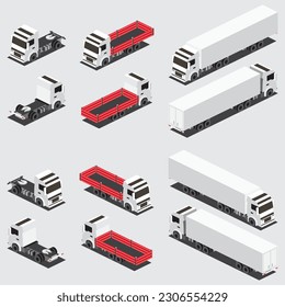 Isometric Red Flatbed Cargo Truck and Truck Trailer with Container. Icons Set. Commercial Transport. Logistics. Object for Infographics. Vector Illustration. Front and Back View.