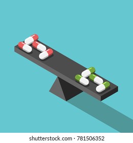 Isometric red and green medical pills on seesaw weight scales on turquoise blue. Medicine, price, comparison, choice and health concept. Flat design. Vector illustration, no transparency, no gradients