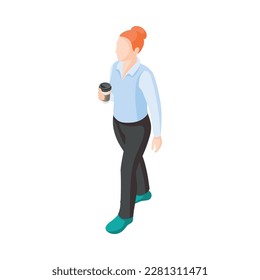 Isometric red haired woman with plastic cup of coffee 3d vector illustration