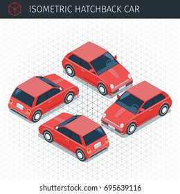 Isometric red hatchback car. 3d vector transport icon. Highly detailed vector illustration
