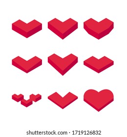 Isometric red heart set. Heart icons. Heart logo concept. Valentine's Day. Illustration isolated on white background