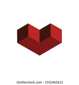 Isometric red heart symbol, cube shape, 3d view. Stock Vector illustration isolated on white background.
