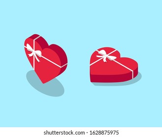 Isometric red hearts with white bow. Valentine's day romantic gift. - Vector illustration