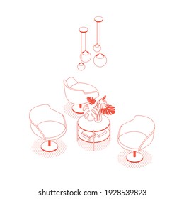 Isometric red hotel lobby, restaurant, cafe. Vector illustration in flat design. Outlined, linear style. 