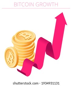 An isometric red increasing arrow and stack of bitcoins. A Bitcoin Growth and Increase flat vector illustration. A cryptocurrency exchange concept. 3d isometric infographic template isolated on white