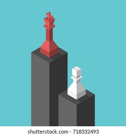 Isometric red king and white chess pawn on black pedestals. Success, difference, leadership, inequality and achievement concept. Flat design. EPS 8 vector illustration, no transparency, no gradients