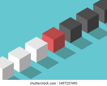 Isometric Red Mediator Cube Between White And Black Ones. Mediation, Diplomacy, Management, Negotiation And Arbitration Concept. Flat Design. EPS 8 Vector Illustration, No Transparency, No Gradients