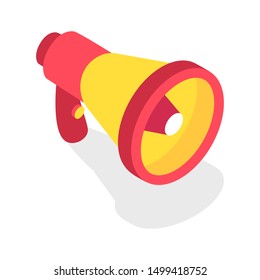 Isometric red megaphone, speaker, broadcast. Isolated on white background. Isometric vector illustration.