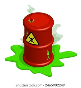 Isometric red metal barrel with chemical hazard sign. Storage and disposal of hazardous substances. Realistic 3D vector isolated on white background