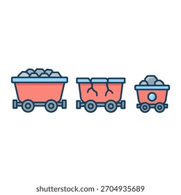 Vetor de carrinhos de minas vermelhas isométricas definido para o sistema de transporte de mineração.