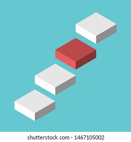 Isometric red next step in air among white ones on turquoise blue. Career, development, challenge and opportunity concept. Flat design. Eps 8 vector illustration, no transparency, no gradients