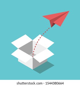 Isometric red paper plane flying from white open case. Thinking outside the box, innovation, creativity and freedom concept. Flat design. EPS 8 vector illustration, no transparency, no gradients