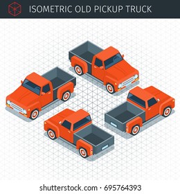 Isometric red pickup truck car. 3d vector transport icon. Highly detailed vector illustration