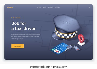 Isometric Red Pin Location, Driver Cap, Driving Licence And Key. Landing Page Template. 