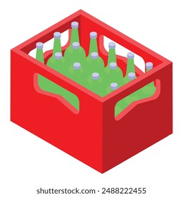 Isometric red plastic crate containing green glass bottles of beer for home delivery