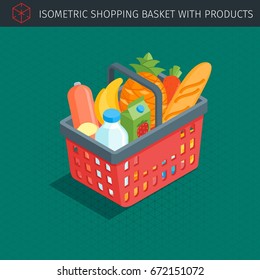 Isometric red plastic shopping basket full of groceries. Supermarket or local store. Vector illustration