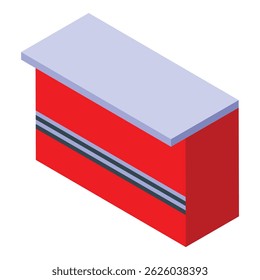 Contador de promoção vermelho isométrico com superfície superior vazia para exibição de produtos, equipamento de marketing para exposições