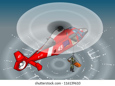 Isometric Red Rescue Helicopter in flight. Icon. Rescue soldier.