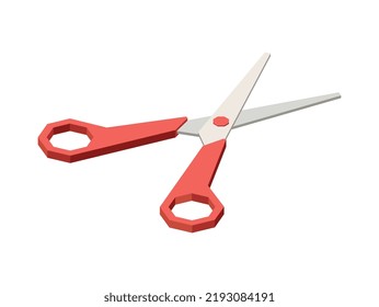 Isometric red scissors on white background 3d vector illustration