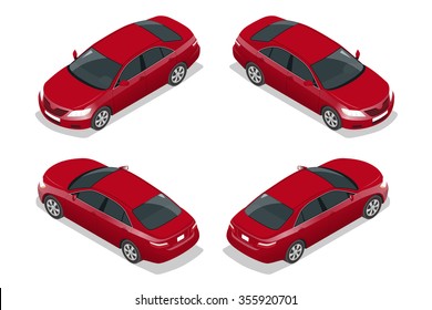 Isometric Red Sedan Car. Urban, city cars and vehicles transport vector flat icons set.