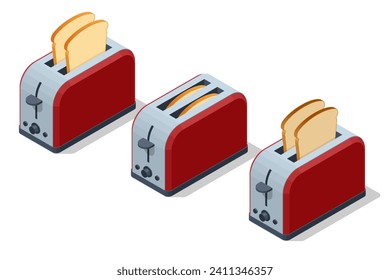 Isometric red toaster with toasted bread on white background. Fresh crispy wheat bread. An appliance for toasting bread.