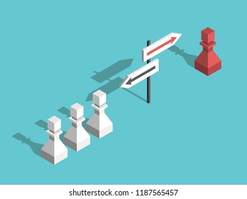 Isometric red unique chess pawn choosing its own different direction and many white ones. Uniqueness, courage and will power concept. Flat design. Vector illustration, no transparency, no gradients