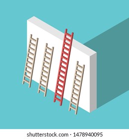 Isometric red unique ladder set against wall on turquoise blue background. Uniqueness, achievement and competition concept. Flat design. EPS 8 vector illustration, no transparency, no gradients