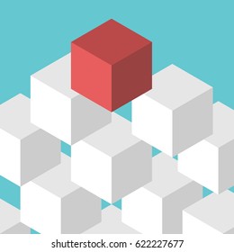 Isometric red unique leader cube on top of many white ones. Leadership, management and competition concept. Flat design. EPS 8 compatible vector illustration, no transparency, no gradients