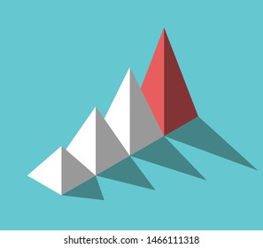 Isometric red unique leader pyramid in front of many white ones on turquoise blue. Leadership, management and uniqueness concept. Flat design. Eps 8 vector illustration, no transparency, no gradients